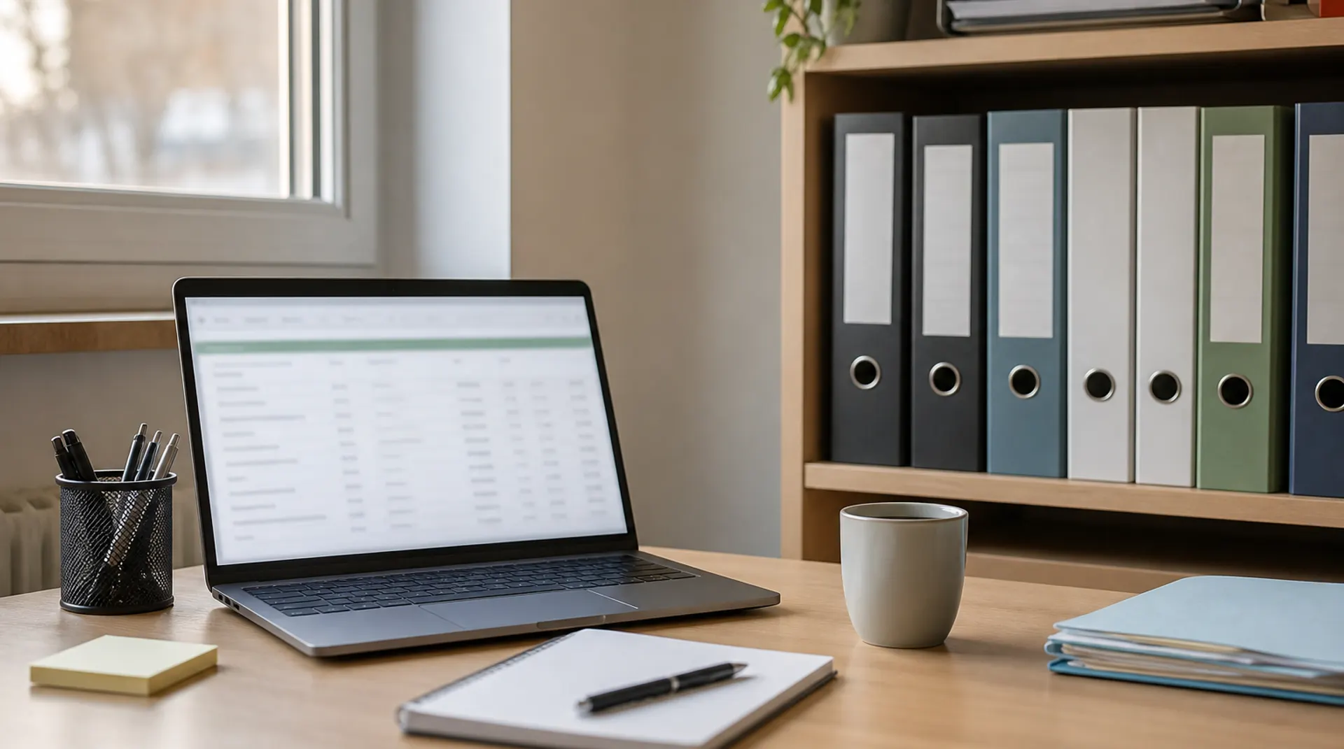 Bureau clair avec un ordinateur portable ouvert, des classeurs administratifs rangés et un cahier de notes