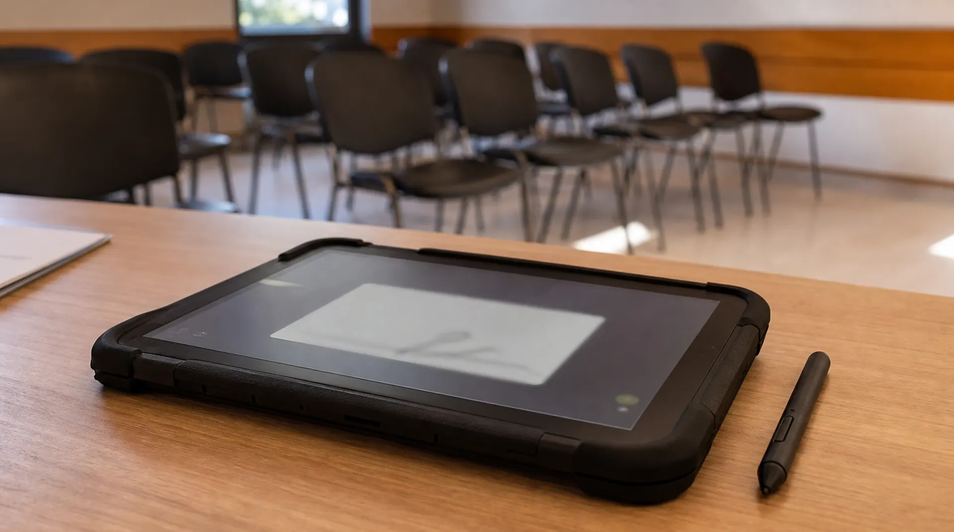 Tablette numérique posée sur une table de salle de formation, écran de signature visible, chaises alignées en arrière-plan