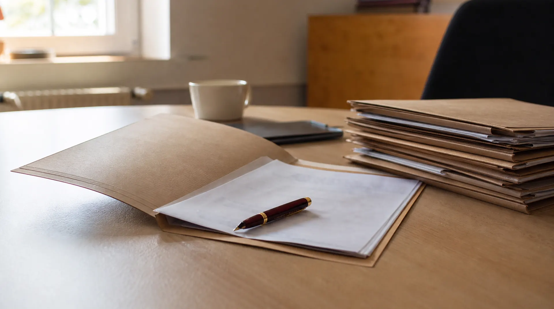 Dossier administratif ouvert sur un bureau en bois clair, avec un stylo posé à côté et une tasse de café