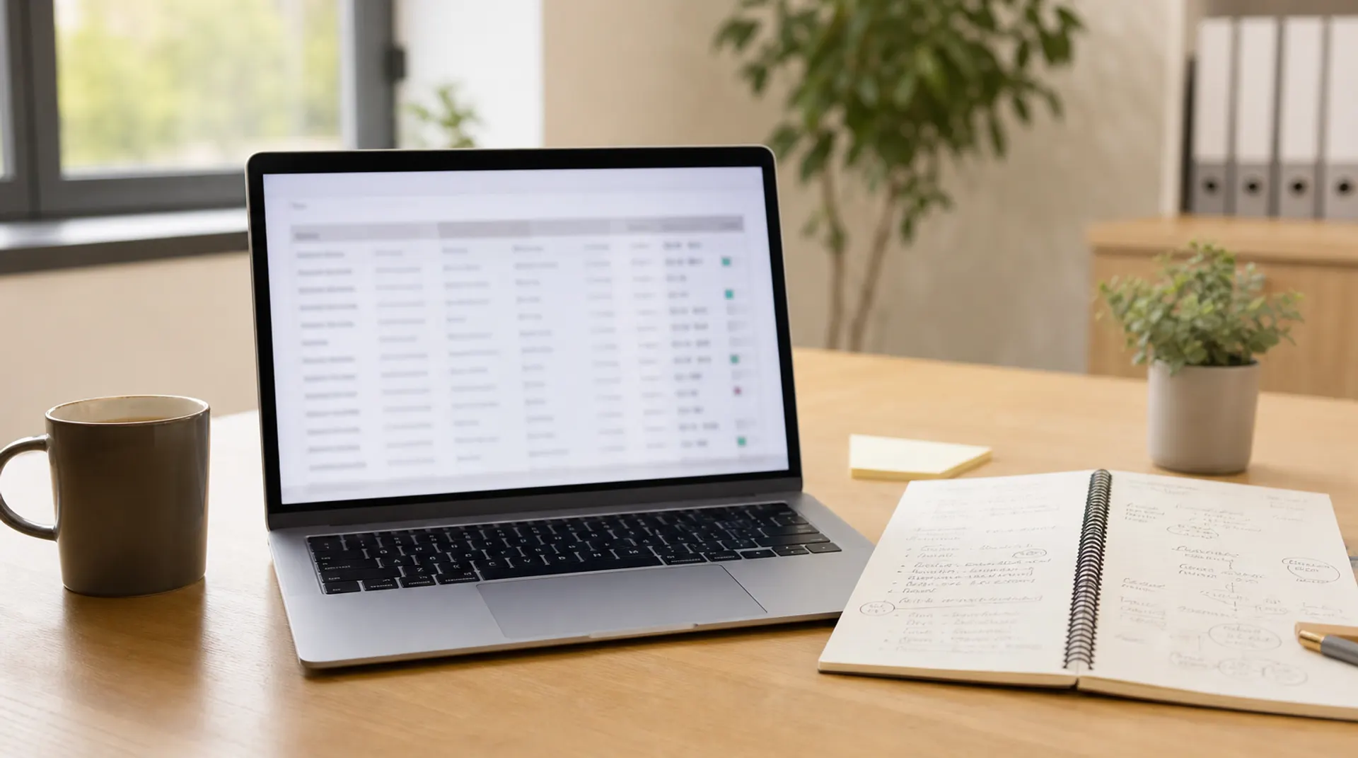 Bureau lumineux avec un ordinateur portable ouvert sur un tableau comparatif, carnet de notes et tasse de café